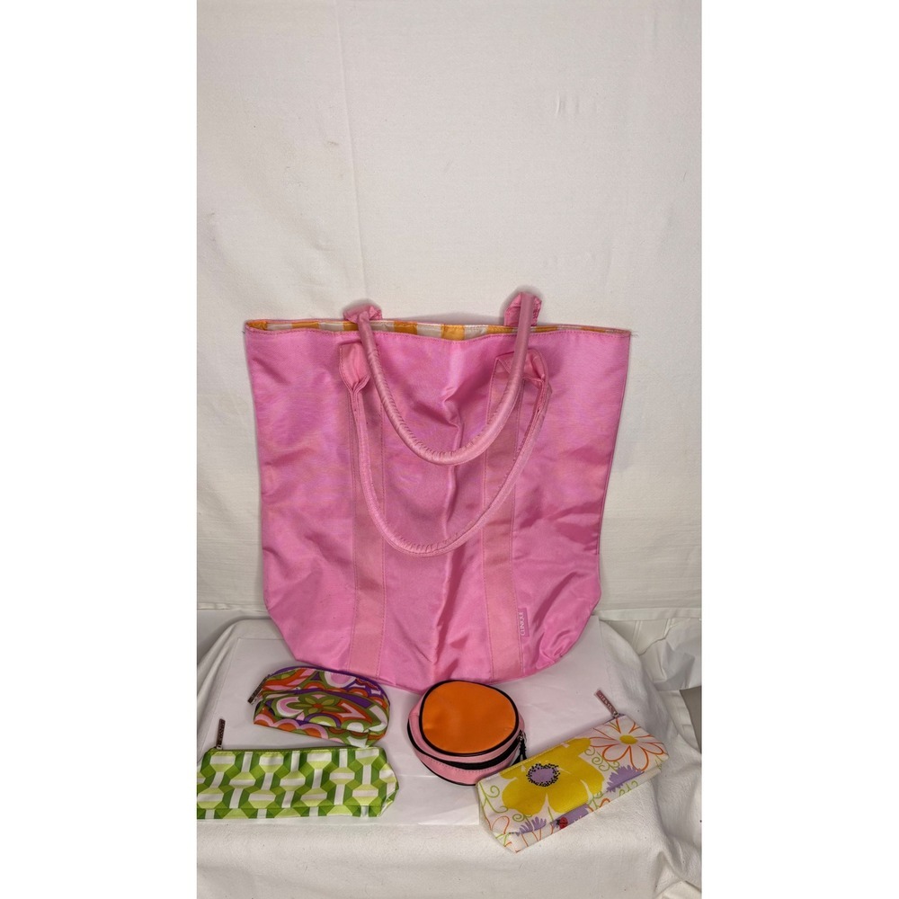 Clinique 5 Piece Travel Set Pink Canvas Tote Bag and Multicolor Cosmetic Pouches